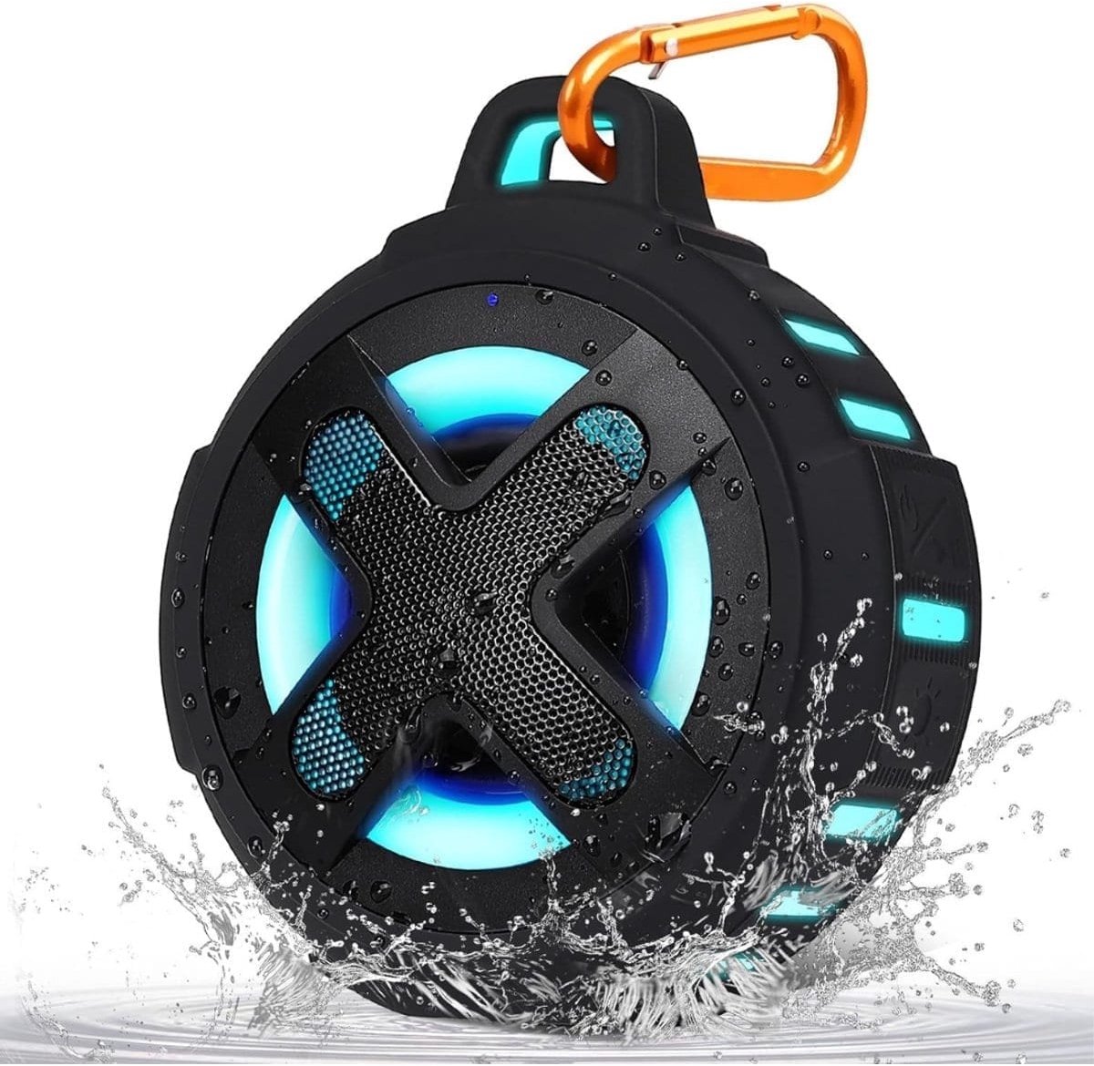 Klarven® Douchespeaker Zwart - Bluetooth 10W, IPX7 Waterbestendig, Zuignap op Tegel of Glas - Verlichting en Equalizer App - B 10 x D 6 x H 11 cm