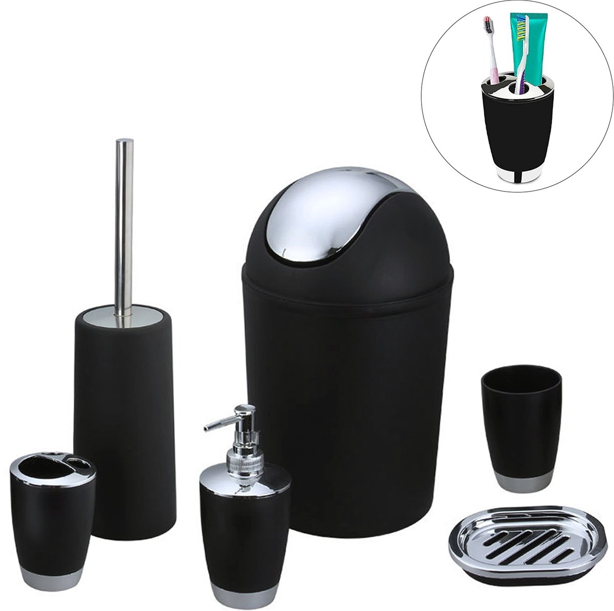 MODFU Badkameraccessoires Set – 6-delig Praktisch & Modern Design – Geschikt voor Badkamer en Toilet – Kunststof (PP) – Zwart