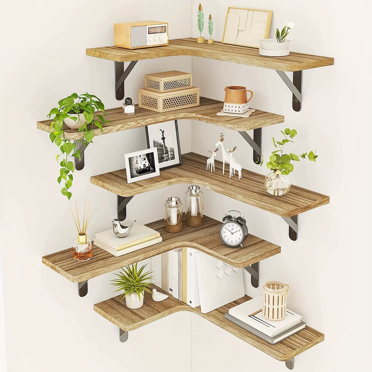 CreateEcom wandplank - zwevende wandplank - muurplank - zwevende plank voor badkamer, keuken, slaapkamer, woondecoratie, wasruimte - rustieke houten plank - 5 laags