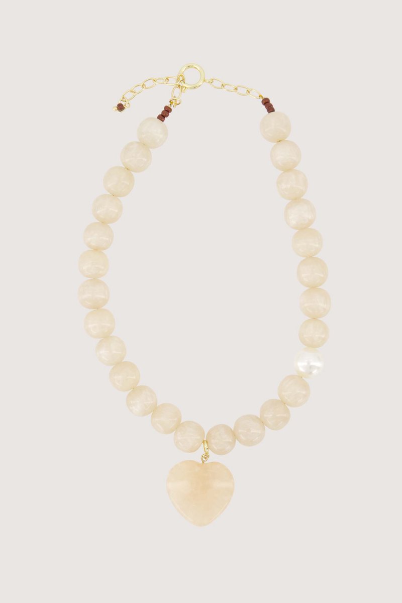Zusss Chunky Bead Necklace With Heart Charm Resin / Metaal Grey Oyster
