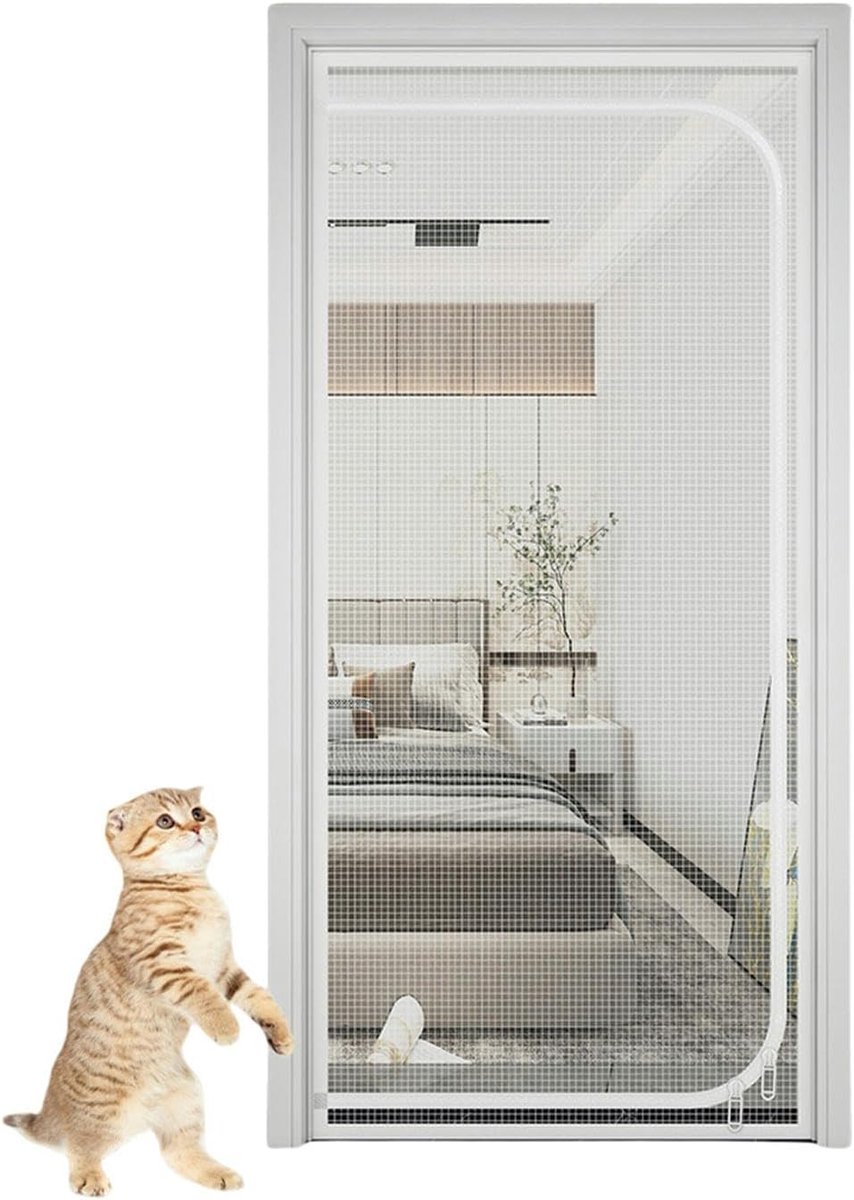 Kattendeur met kraswerende gaasscherm en ritssluiting om te voorkomen dat katten en honden naar buiten lopen (D-wit, 90x210cm)