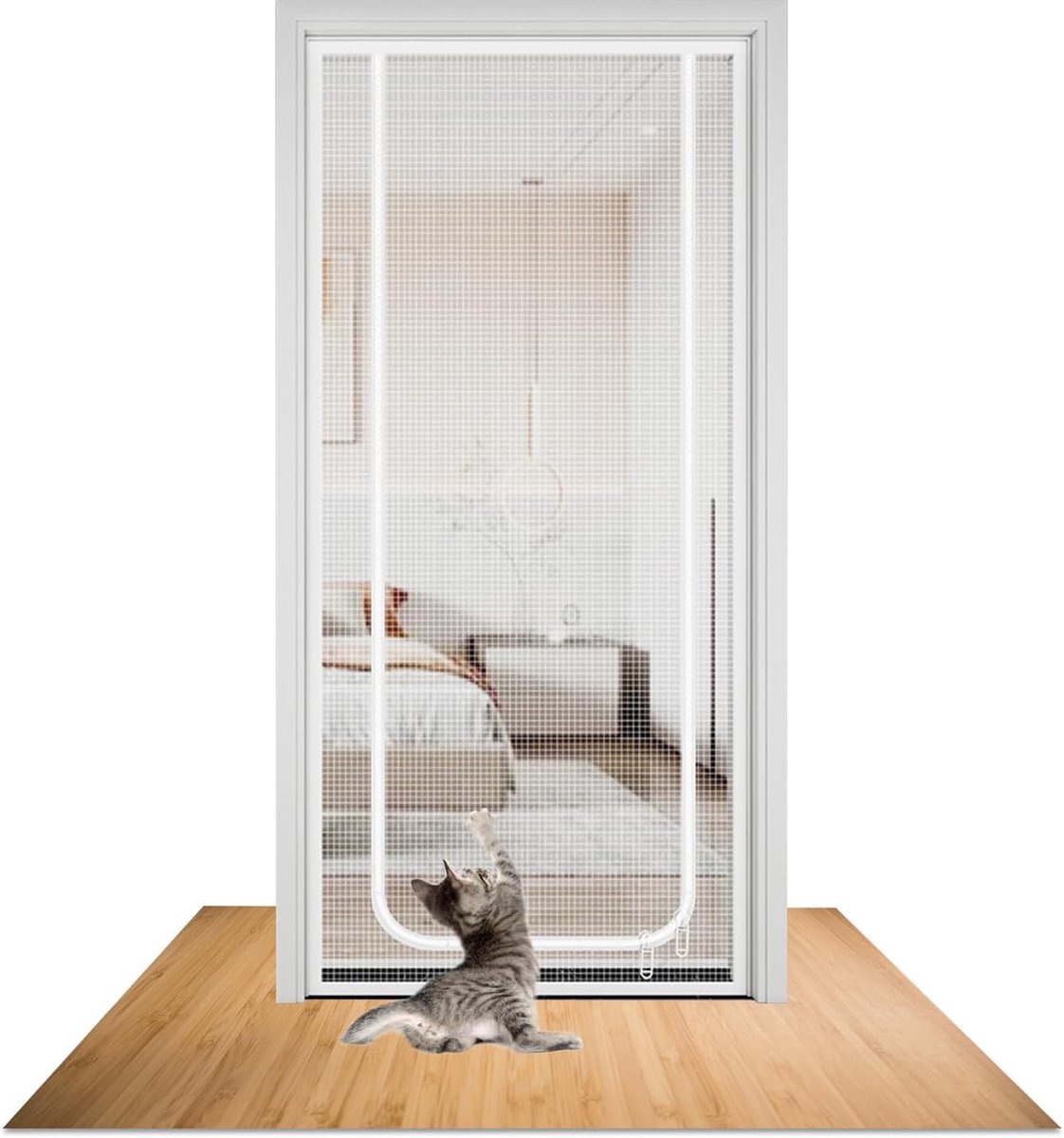 Kattennet voor Balkon, Kat Mesh Huisdier Scherm Deur, Kattenrooster Balkondeur met Ritssluiting, LAAT Katten Lopen, Huisdier Scherm voor Woonkamer, Keuken (wit, 90 * 200cm)