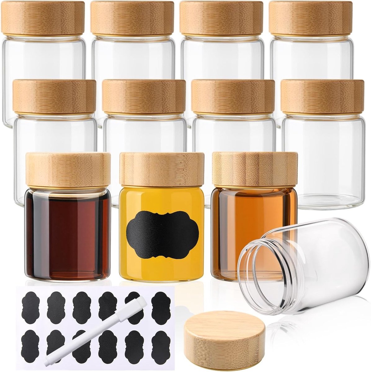 Set van 12 Kleine Shot Flessen van Borosilicaatglas, 2 fl oz, Herbruikbare Mini Shot Glazen met Bamboo Deksel, Inclusief Labels en Pen, Vaatwasserbestendig voor Shots en Drankjes
