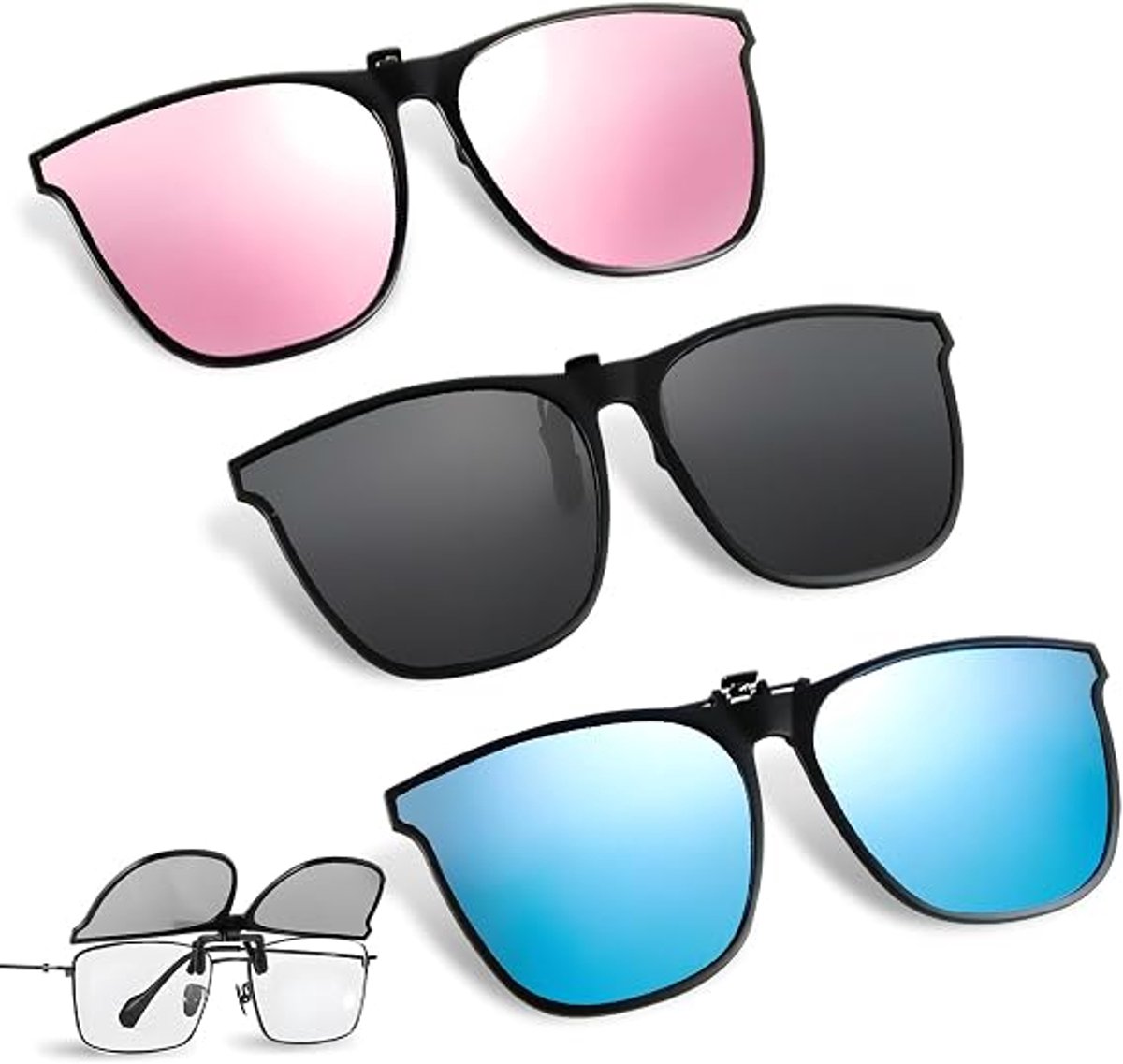 3 stuks Clip-on zonnebril - Clip on zonnebril heren - Clip on zonnebril dames - Brilclip - Voorzetbril - Zonnebril - UV-bescherming - Unisex - Opklapbare zonnebril - 3 kleuren - 13.3*5.6cm