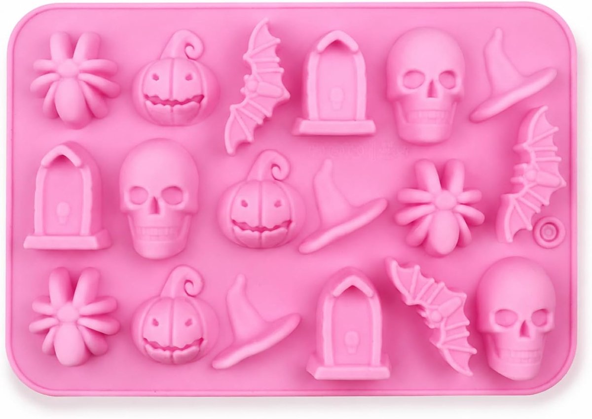 Set van 2 voedselveilige siliconen Halloween-vormen, pompoen- en vleermuisvormpjes met meerdere holtes, flexibele antiaanbakvormpjes voor chocolade, snoep en ijsblokjes.