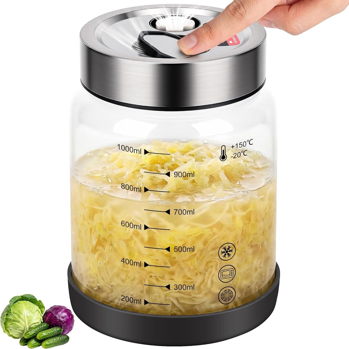 Fermentatiepot 1L met luchtventiel – BPA-vrij, luchtdichte deksel en vaatwasmachinebestendig – Ideaal voor het fermenteren van kefir, kimchi en zuurkool