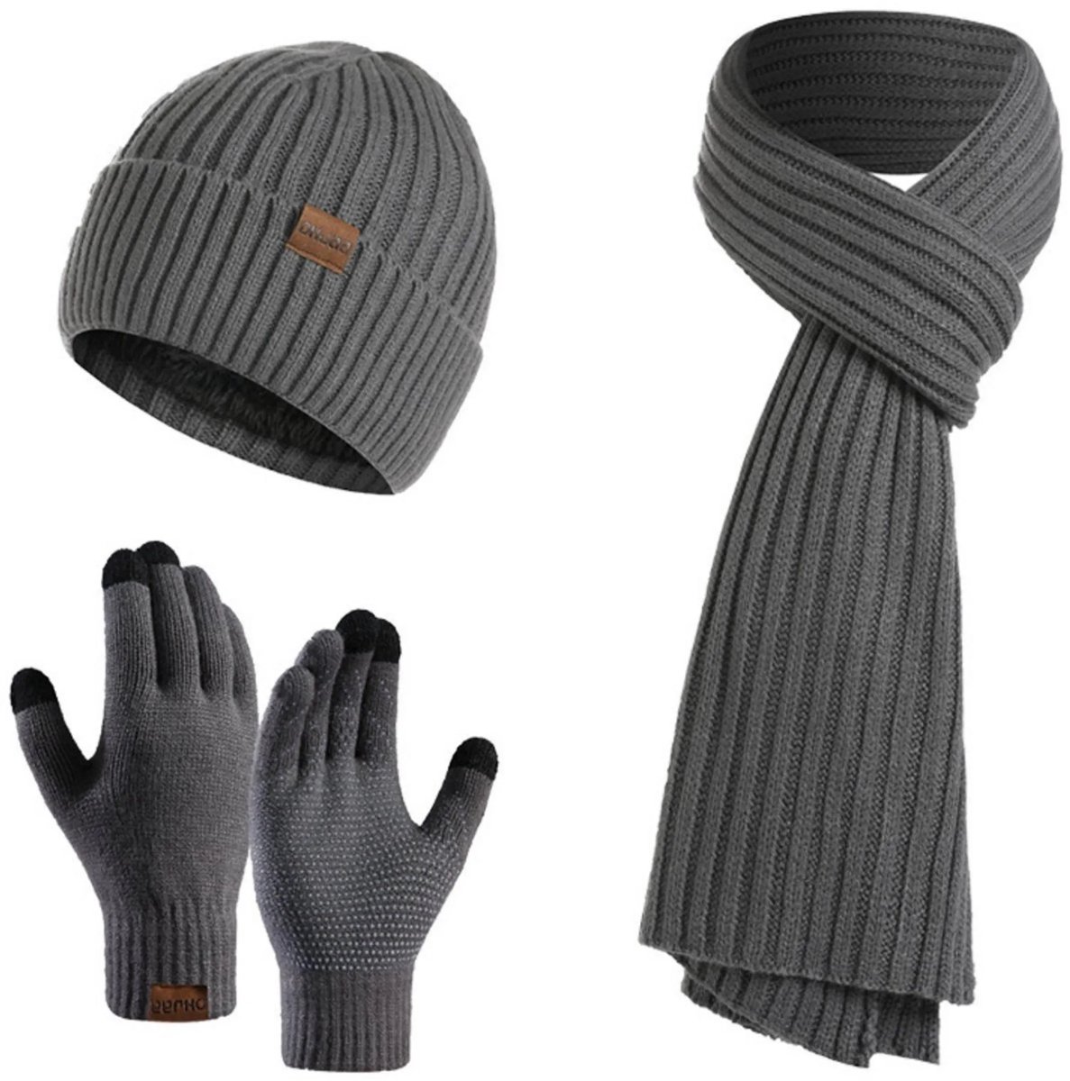 casalora - Drie-delige winterset (Muts, Sjaal, Touchscreen Handschoenen) - Met Fleece Binnenvoering & Opgezette Boord - Premium Gebreid - Unisex - Warm - Grijs - Voor Dames en Heren - Cadeau