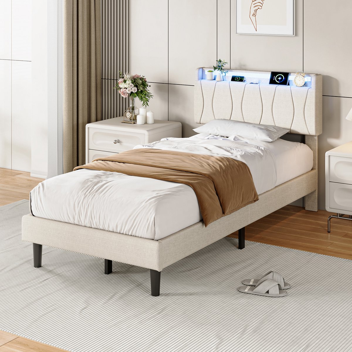 Eenpersoonsbed 90×200 cm, met opbergruimte in het hoofdeinde, gestoffeerd bed met led-lichtstrip en usb-oplaadpoort, bedframe met lattenbodem, linnen Beige