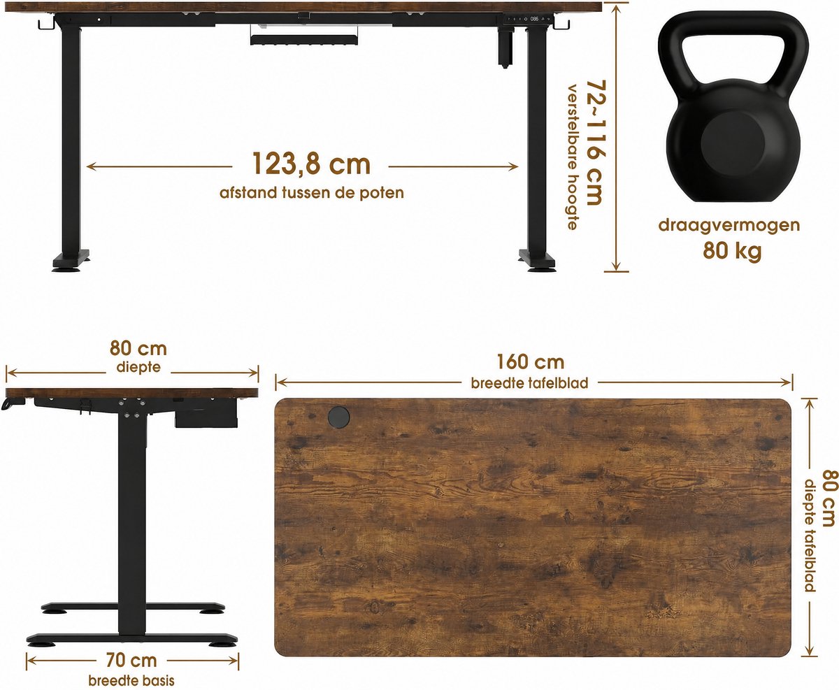 Devoko Elektrisch Zit-Sta Bureau 160x80 cm - 18 mm Bureaublad - Zit-herinnering - USB-poort - Gebrand houtlook/Zwart thumbnail 2