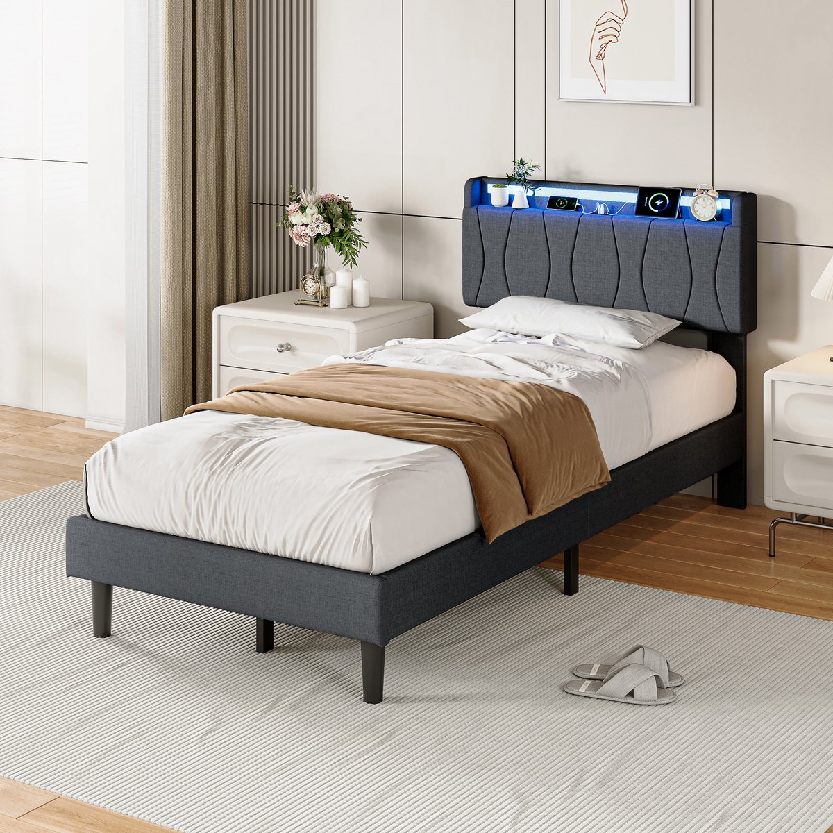Eenpersoonsbed 90×200 cm, met opbergruimte in het hoofdeinde, gestoffeerd bed met led-lichtstrip en usb-oplaadpoort, bedframe met lattenbodem, linnen DonkerGrijs