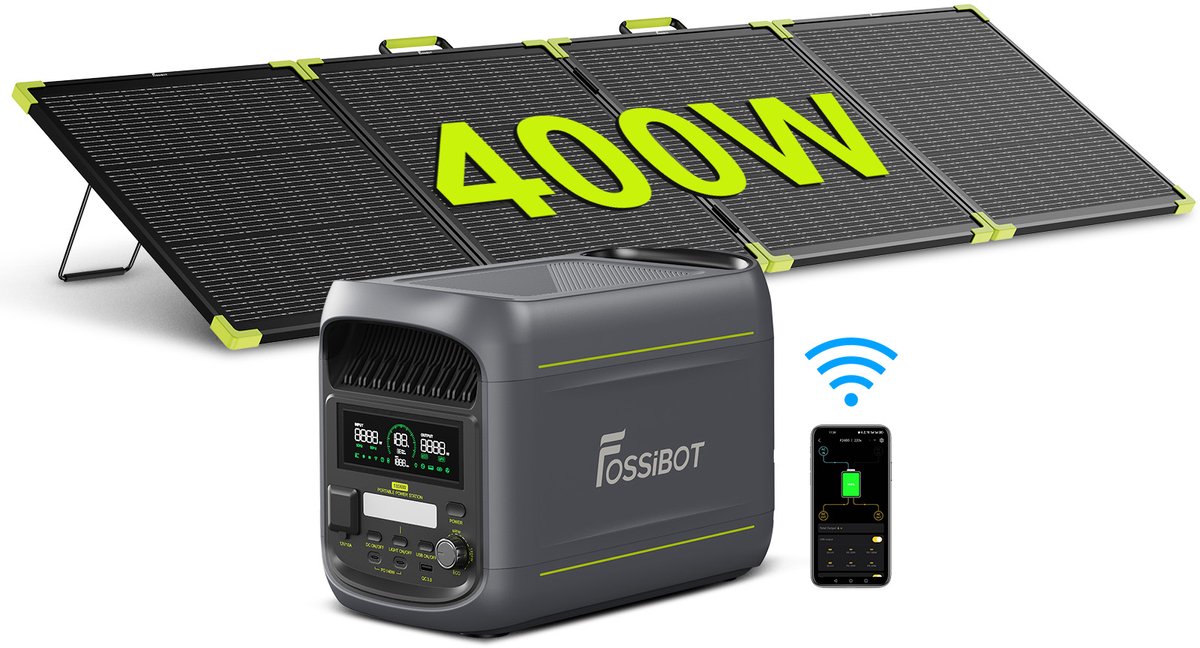 FOSSiBOT F1800 Draagbare Powerstation 1024Wh 1800W continu 3600W piek LiFePO4 incl. SP400PRO zonnepaneel | Uitbreidbaar ECO-modus UPS <10ms Noodstroom Camper Kamperen