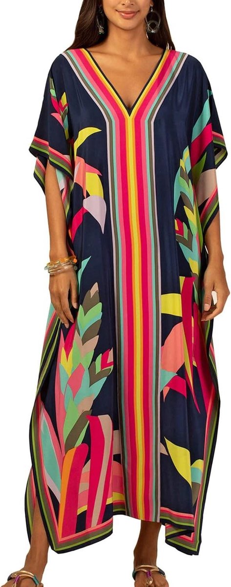Kaftan Jurk - Strandjurk Cover-up - Zonnebaden Strand - Bohemian Stijl - One Size - Donkerblauw Geel