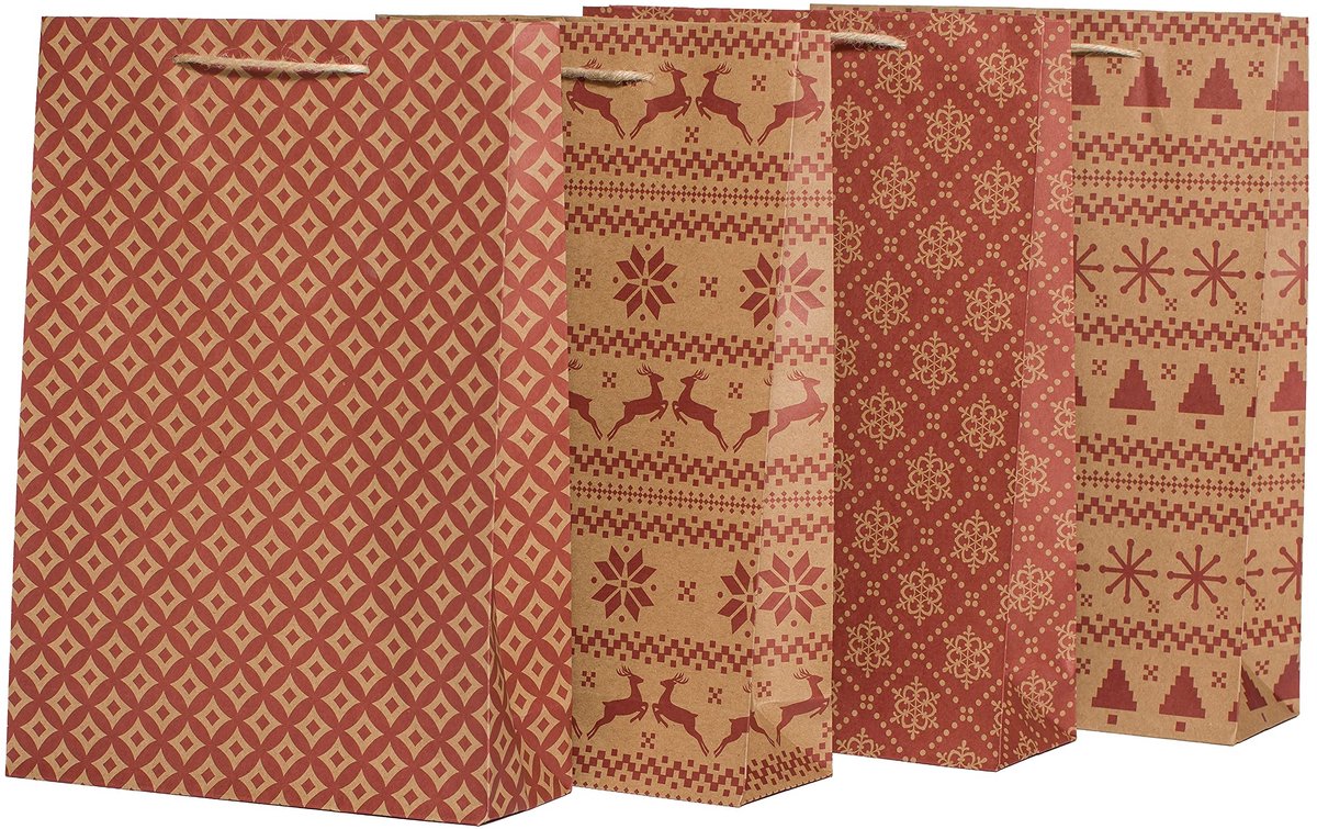 Elzusha - Set van 12 Kerst Cadeautasjes van Kraftpapier in Natuurlijk/Rood