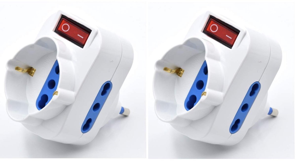 Set van 2 drievoudige stopcontactadapters, met overbelastingsbeveiliging en aan/uit-schakelaar, adapter van Schuko - ShopVlot