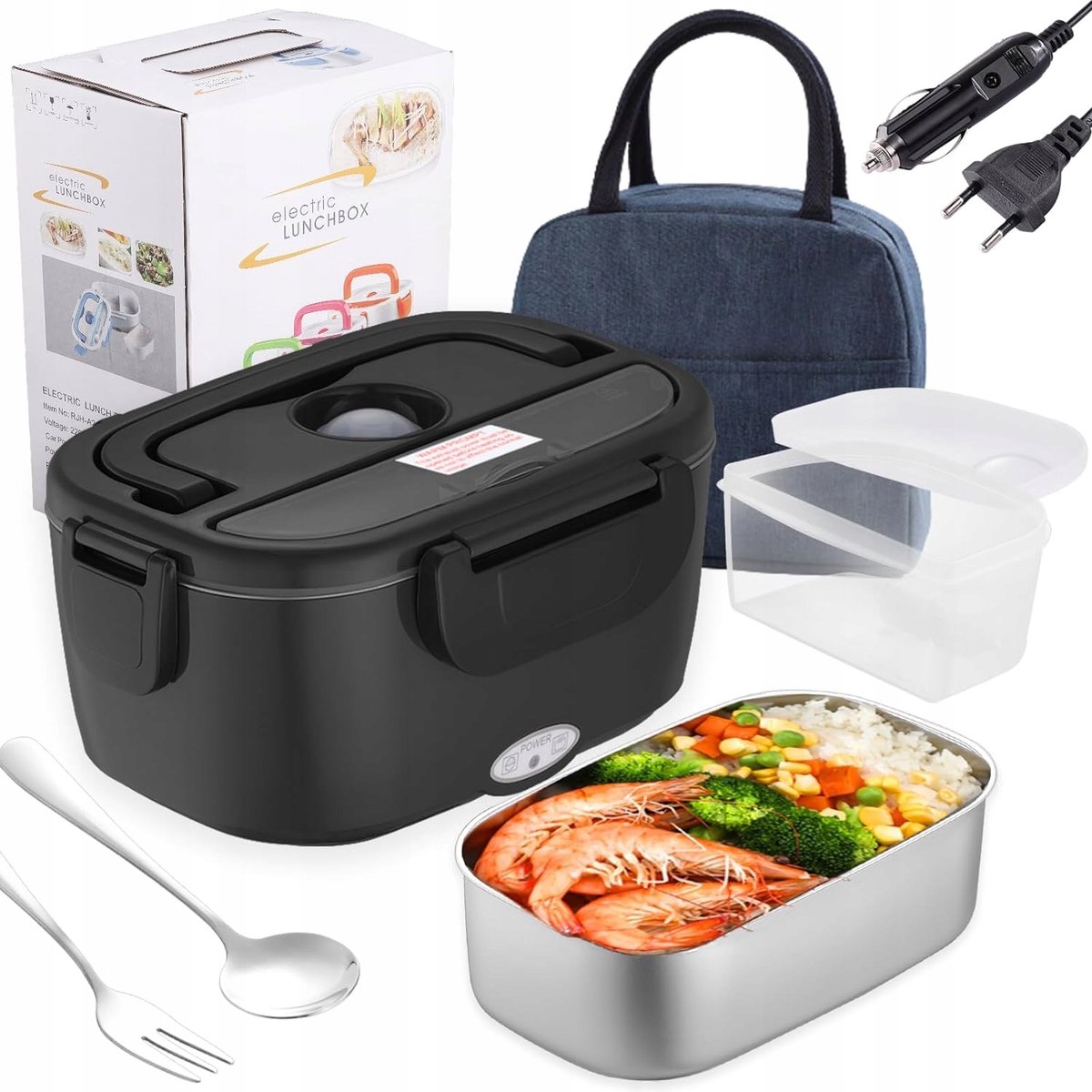 Elektrische Lunchbox - Verwarmde Bento Box - Thermos Lunchbox - Autolunchbox Elektrisch - 1,5L + 0,45L - RVS Binnenbak - Lekvrij Deksel - 12V/24V/220V - met Isolatietas & Bestek - Draagbare Broodtrommel - Voor Auto & Thuis & Kantoor