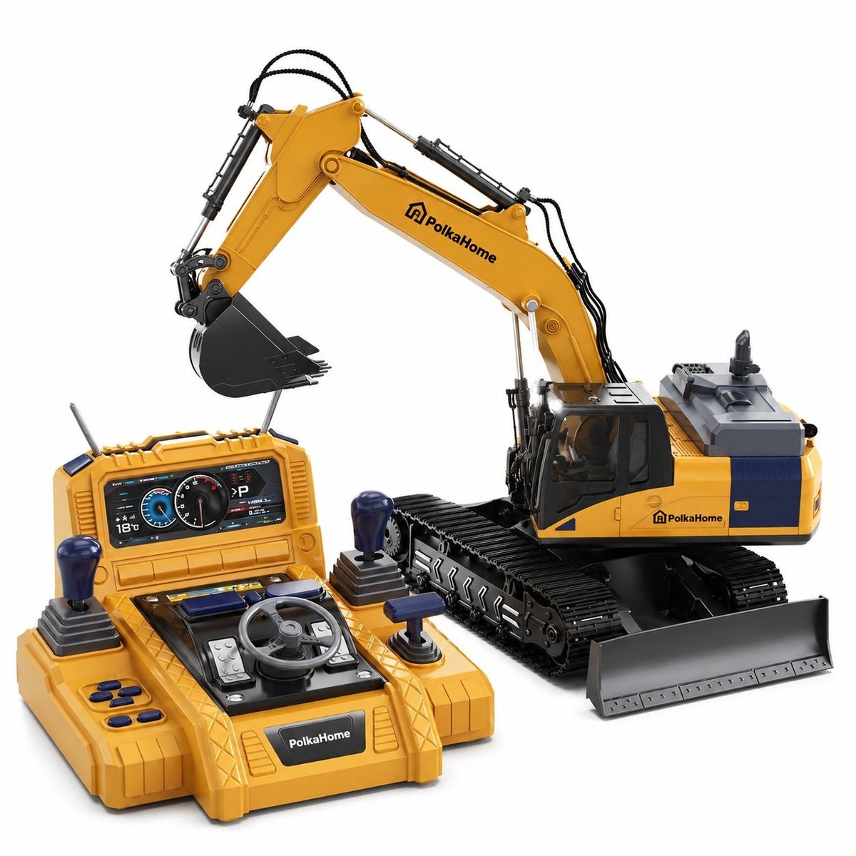 PolkaHome RC Graafmachine met Afstandsbediening – 15-Kanaals Besturing – Metalen Onderdelen – Rupsbanden, Bulldozerblad & Watersproeifunctie – Geel