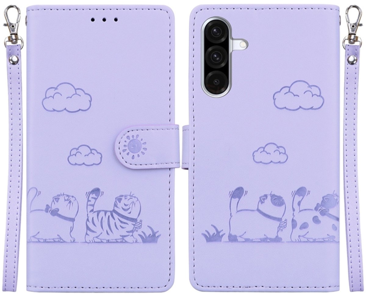BookCover Hoes Etui geschikt voor Samsung Galaxy A27 - Cartoon Cats - Lila - Reliëf