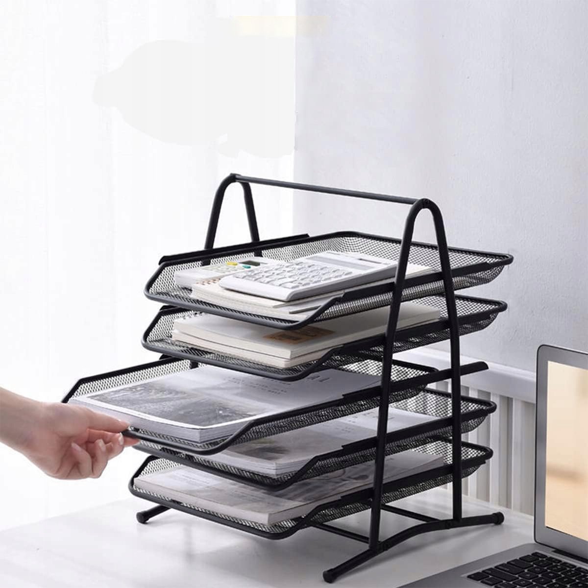 Bureau Organizer 5 Lagen - Documentenrek - Multifunctionele Plank - Schuiflades met Geleiderails - Metaal Mesh - Handvat Boven - Driehoekige Zijsteun - 39x35x30 cm - Voor Kantoor Thuis en School