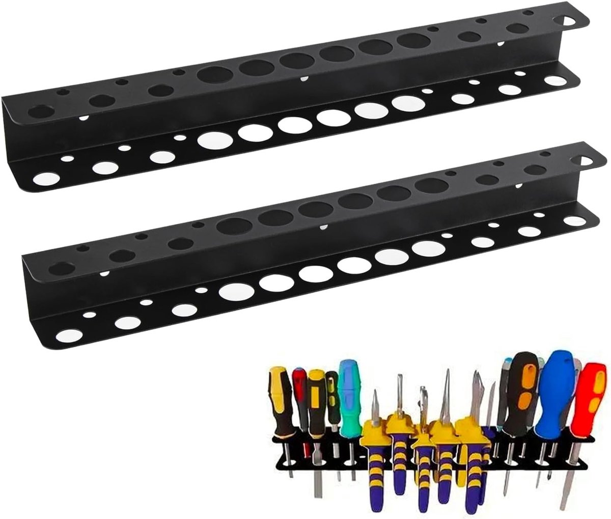 Duurzame Tool Houder voor Schroevendraaiers met 18 Gaten, Muurbevestiging en Inclusief Schroeven, Set van 2, Zwart, Perfect voor Handgereedschap en Werkplaatsorganisatie