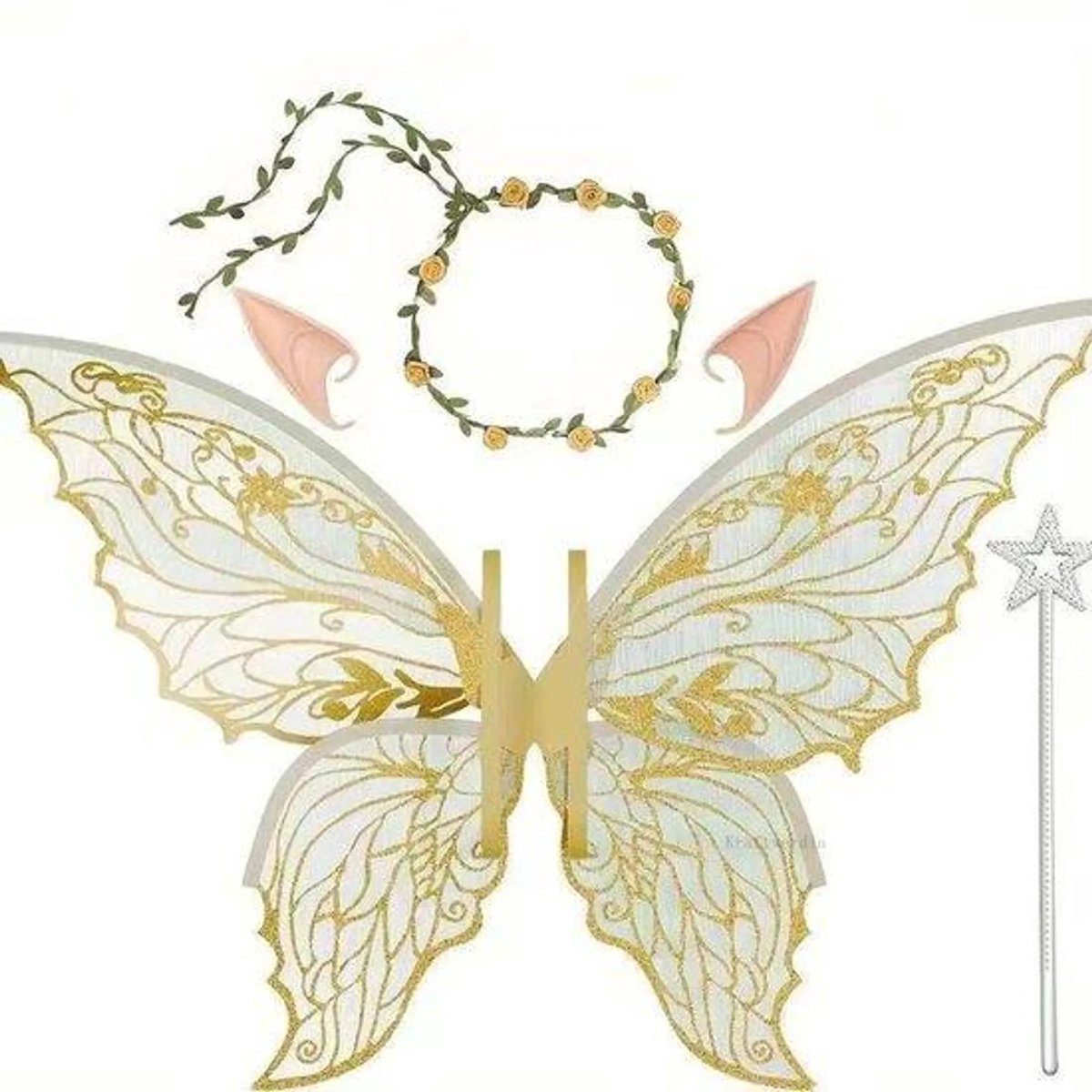 casalora - Elf Verkleedset - Feeënkostuumset - Inclusief Vleugels 72x55 cm,Toverstaf,Elfenoren,bloemenkrans - Verkleedkleding Accessoires - Ideaal voor cosplay, feestjes - Geel