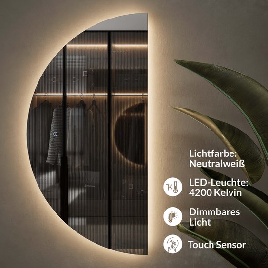 Halfronde spiegel met LED-verlichting, neutraal wit 4200 Kelvin, dimbaar, touch sensor.
