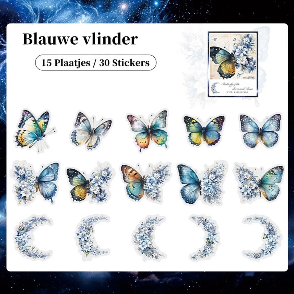 Casalora Vlinder Stickers – 30 Stuks (15 Designs) – DIY Decoratieve Sticker Set – Voor Scrapbook, Planner, Dagboek & Album – Blauwe Vlinder