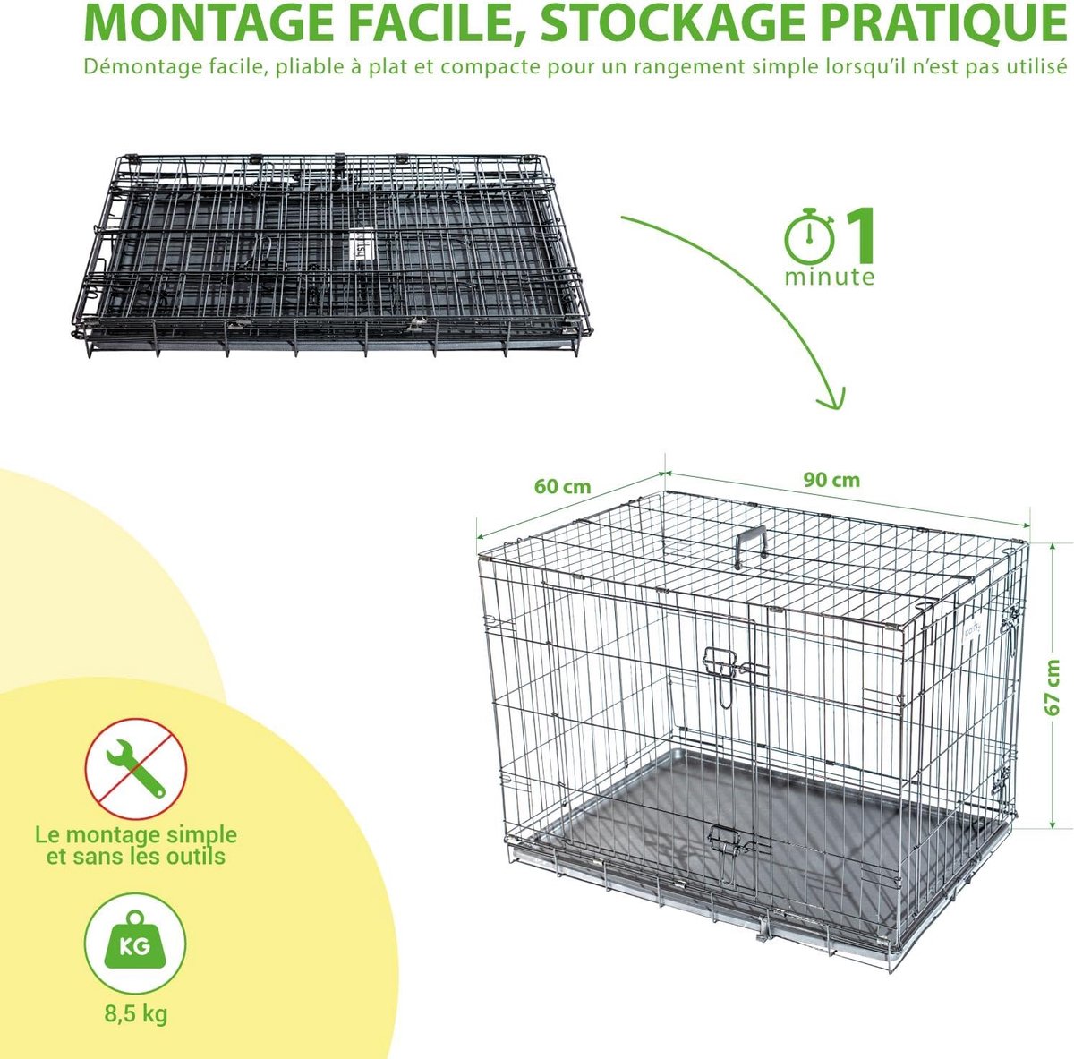 Hondenkooi - Transportbox - Veilige Opslag - Dubbele Deuren - 90 x 60 x 67 cm - Zwart