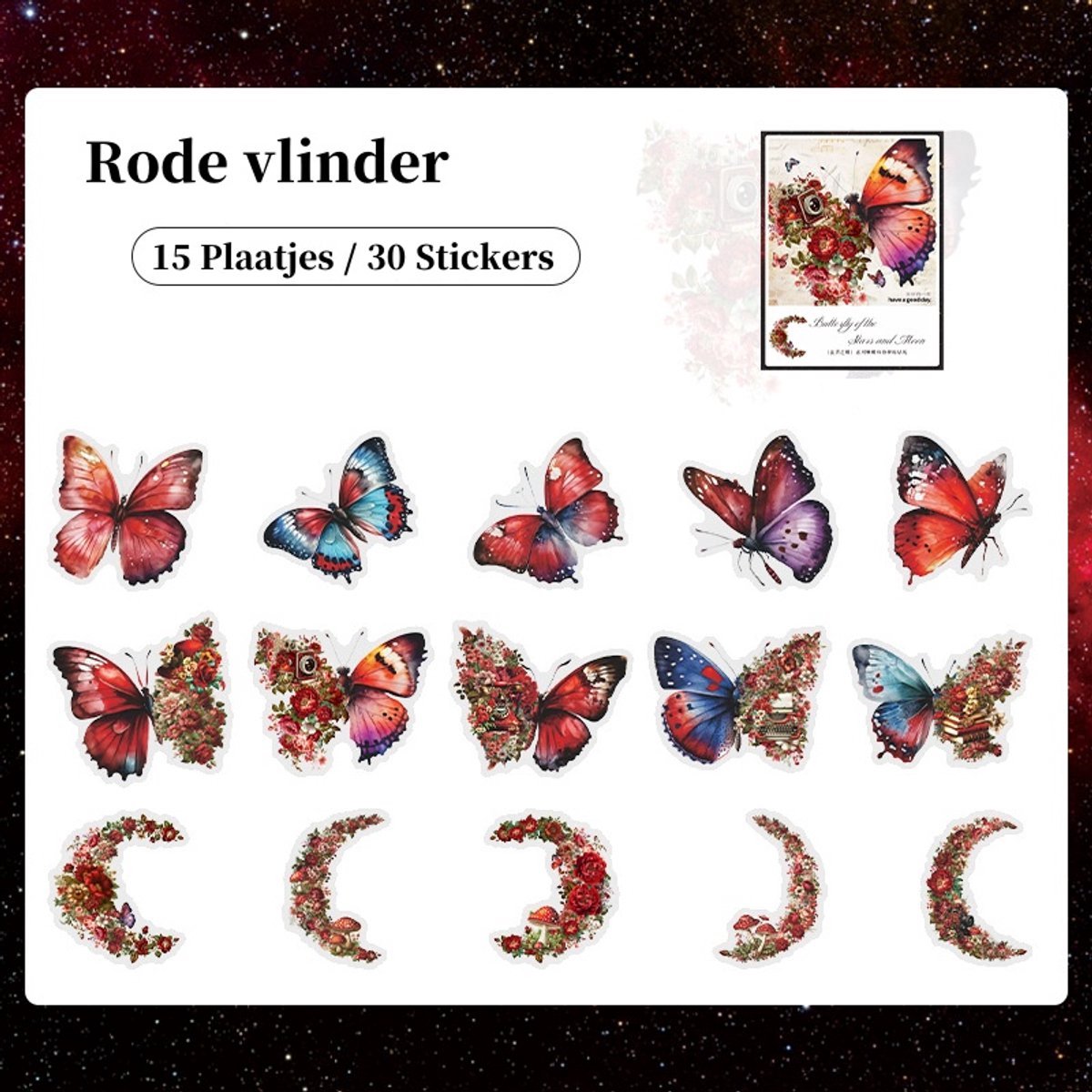 Casalora Vlinder Stickers – 30 Stuks (15 Designs) – DIY Decoratieve Sticker Set – Voor Scrapbook, Planner, Dagboek & Album – Rode Vlinder