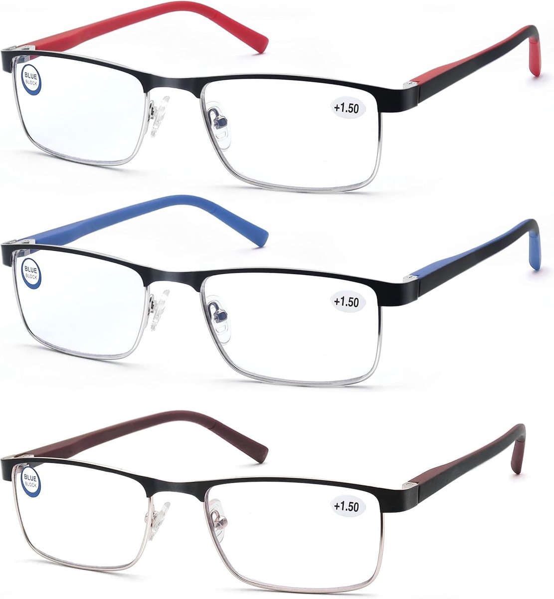 Set van 3 Leesbrillen voor Dames en Heren, Blauw Licht Filter, Metalen Frame, Rechthoekig Ontwerp, Duurzaam RVS Materiaal