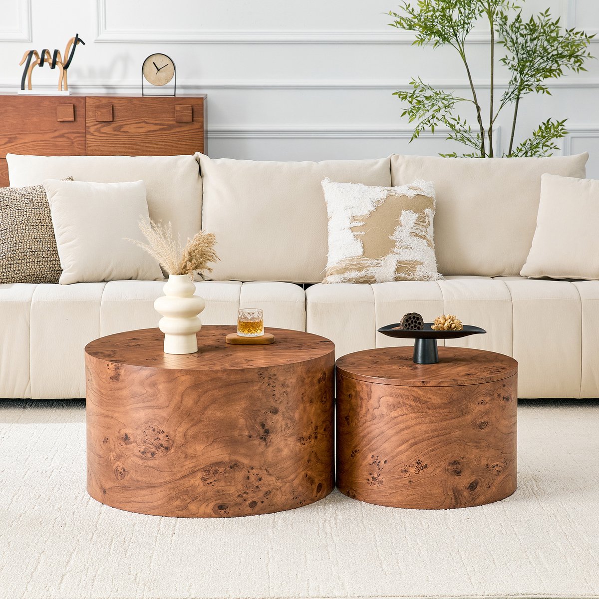 VVBV Ronde Salontafel Set van 2 62,8x62,8x35 cm - Nesting Design, Afgeronde Randen, Opbergruimte - Bruin, MDF/Hout