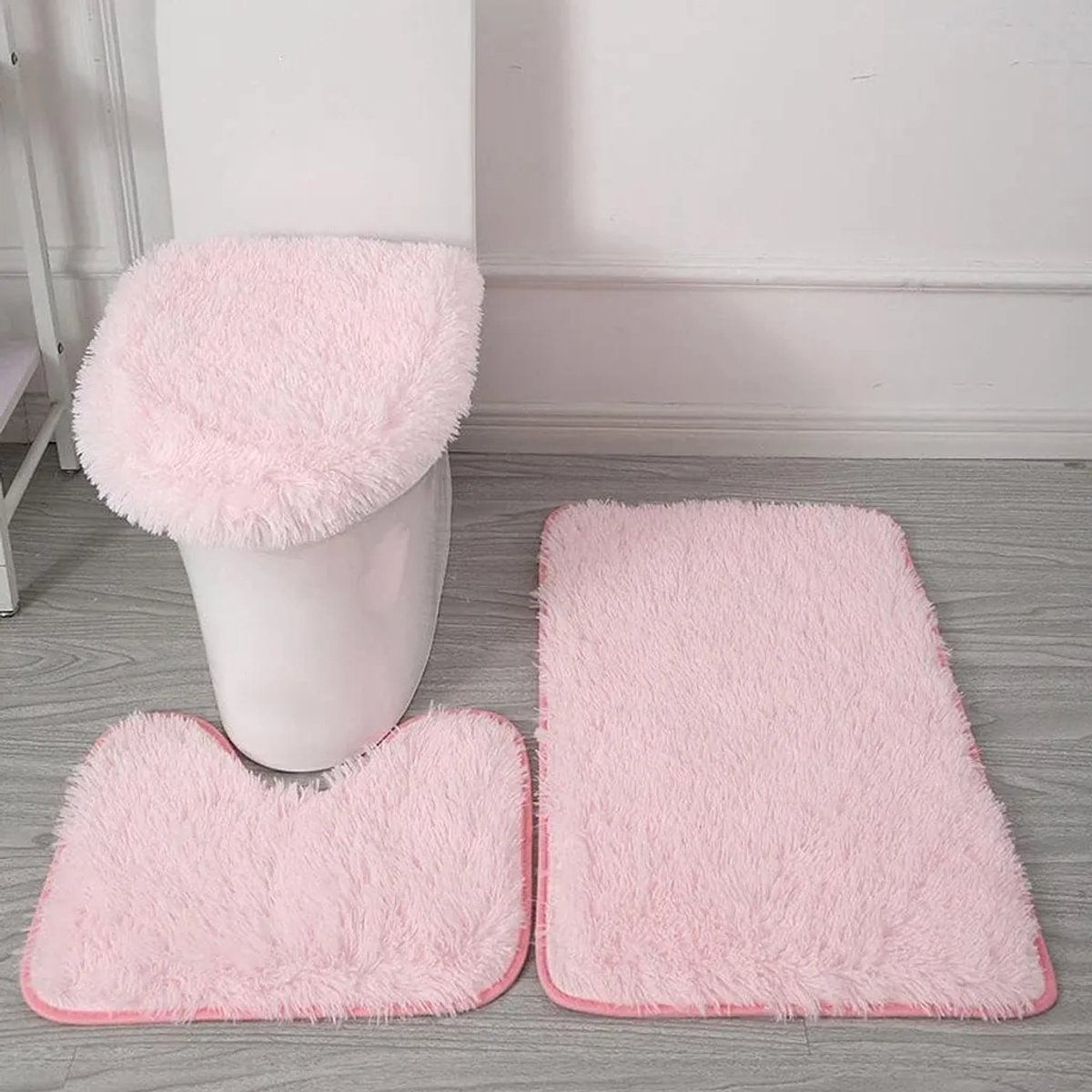 Badkamertapijtset, driedelig, inclusief toiletbrilhoes, gebogen mat en badmat, Geschikt voor een antislip rubberen achterkant en effen microvezel badkamertapijt.