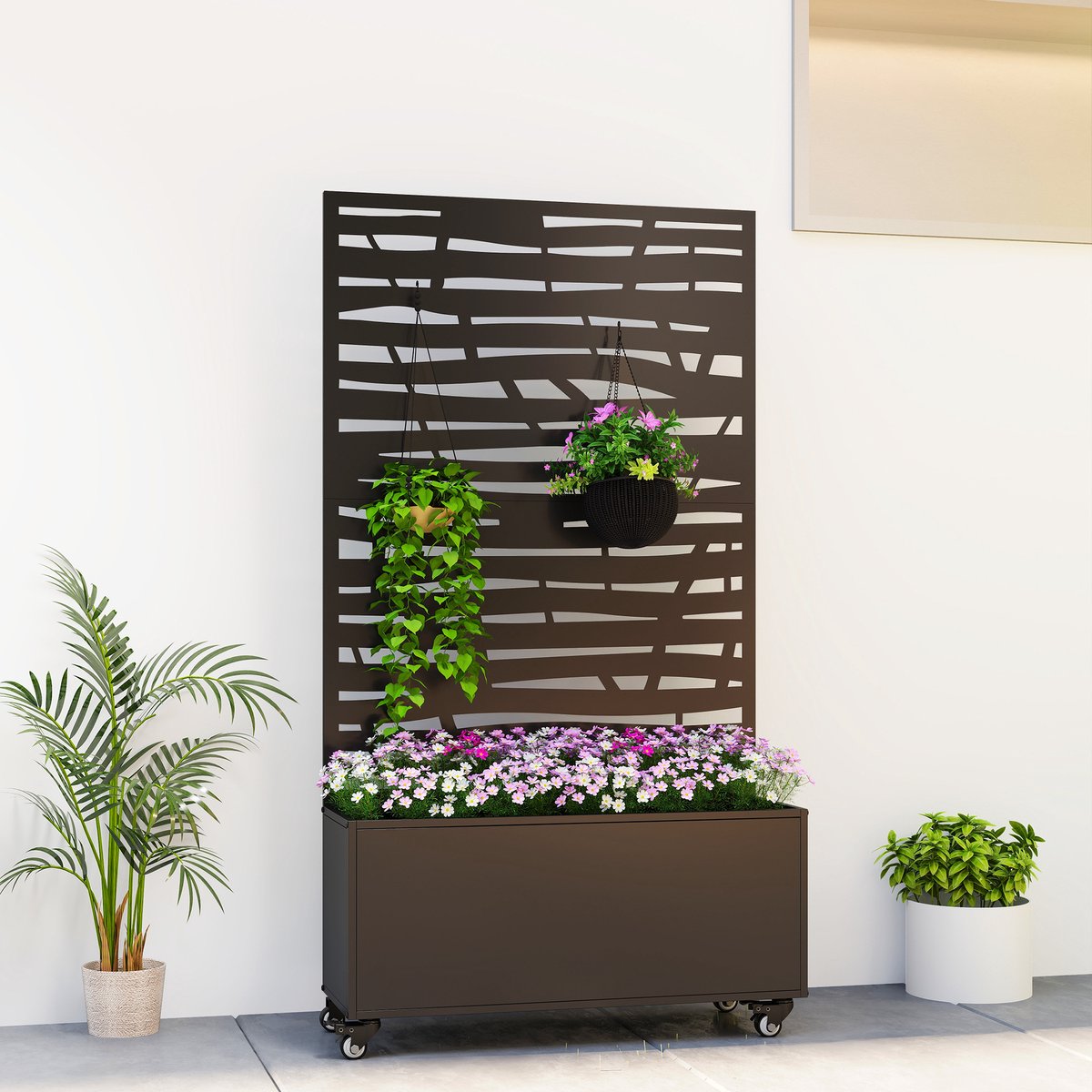 TEKROA® Plantenbak - Bloembak met klimrek - metalen bloembak met privacyscherm en wielen - klimrek in latten gesneden - 90x30x160cm - zwart