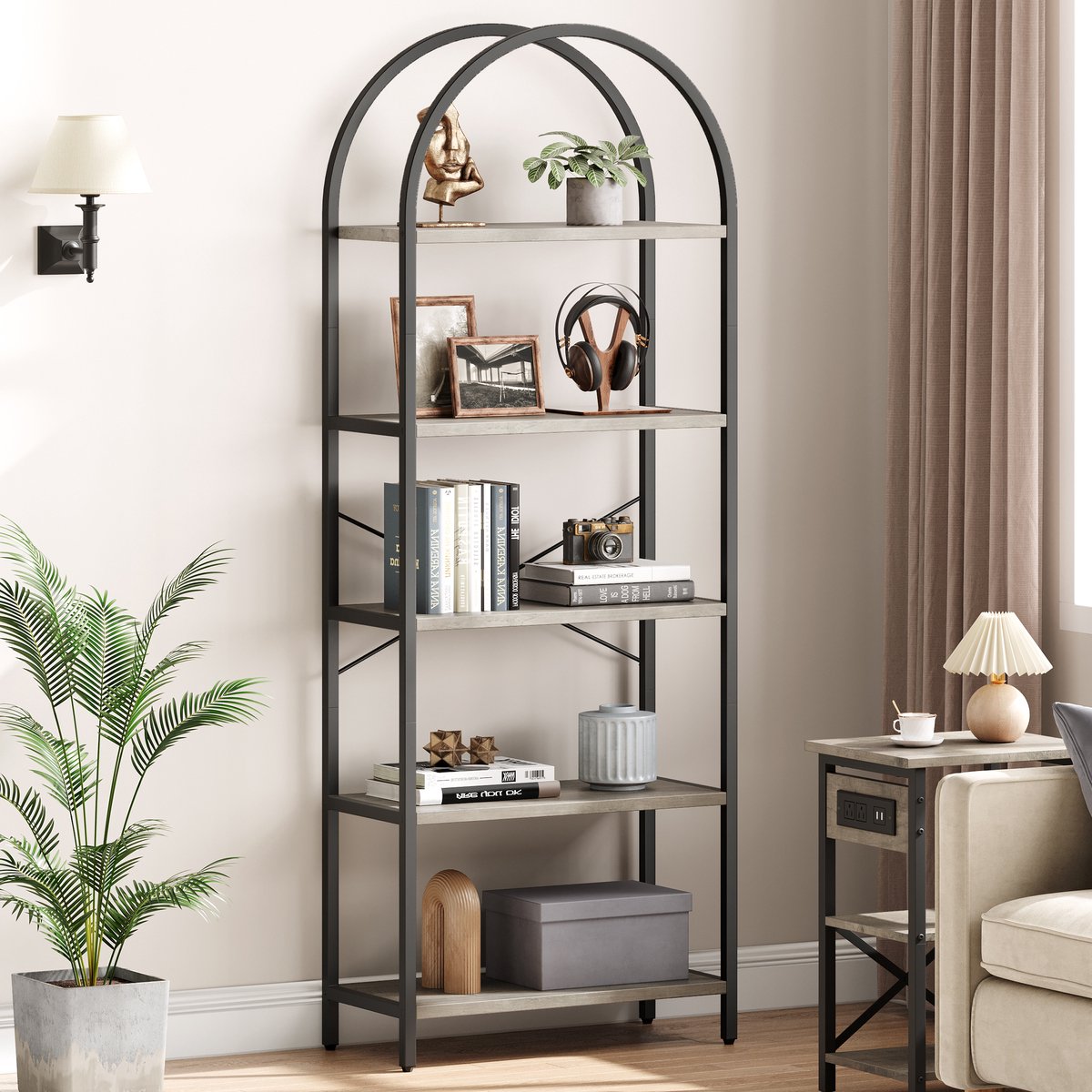 Smal Boekenkast - 60x28x180cm - Boogvormige Badkamerrek - Metalen Frame - Open Display Planken - Voor Woonkamer Slaapkamer Kantoor - Grijs