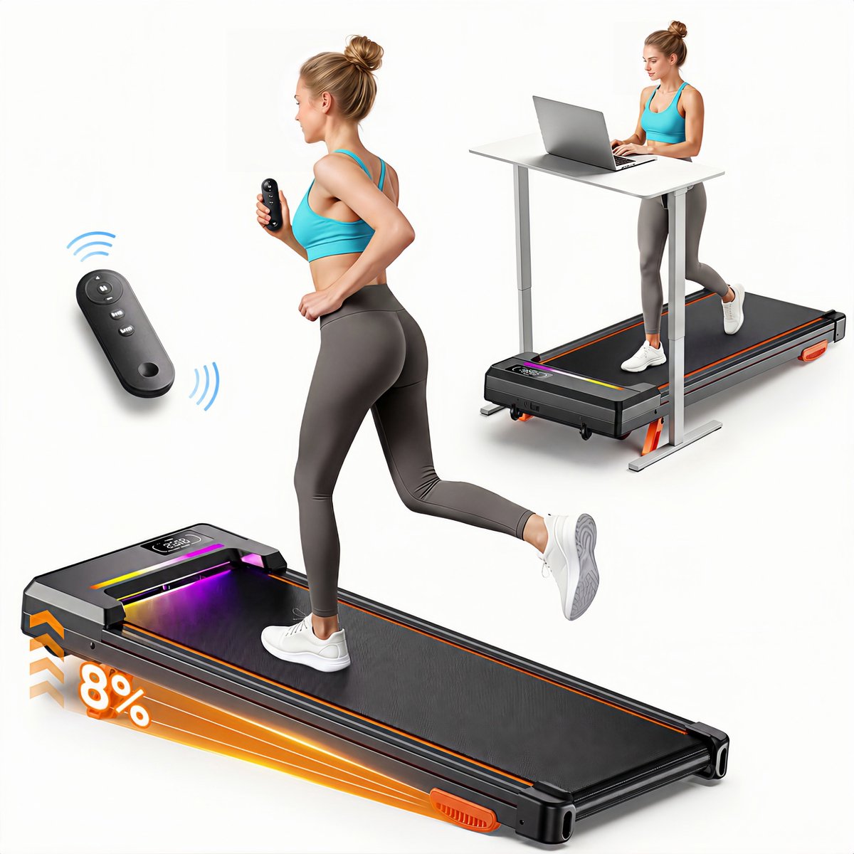 FlexRun-Prime 3-in-1 Elektrische Loopband – Wandelband met 8% Helling, 1-8 km/u, 2.5 HP, Draagvermogen 135 kg, Opvouwbaar & Stil voor Thuis en Kantoor
