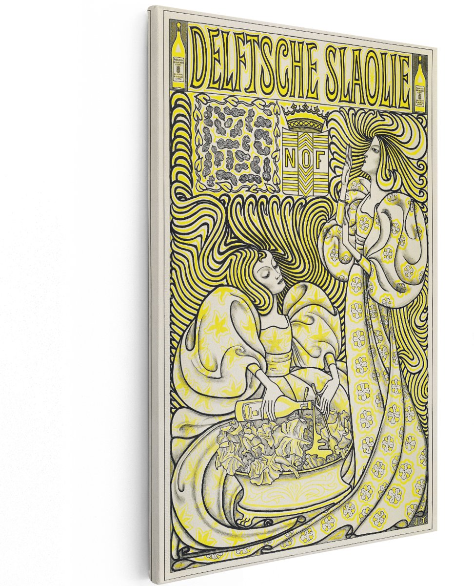 Artaza Canvas Schilderij Delftsche Slaolie - 100x150 cm - Groot - Wanddecoratie Vintage Reclameposter - Muurdecoratie Vrouw - Decoratie Art Nouveau Geel