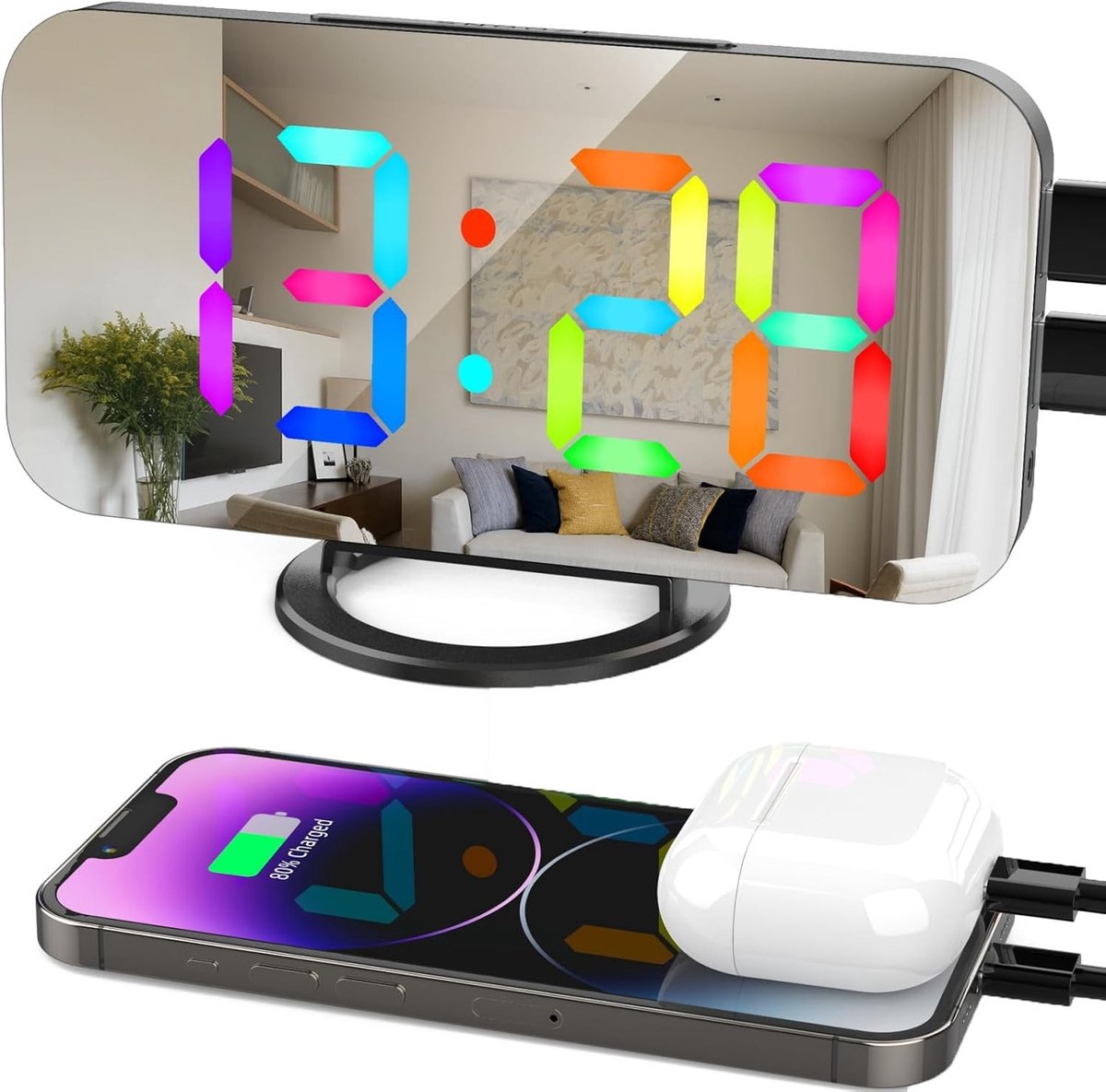 Digitale RGB Wekker met 11 Kleuren voor Slaapkamer - LED Spiegelweergave voor Kinderen en Tieners, Bedside Decoratie en Functionele Klok