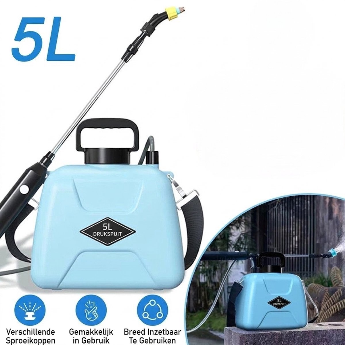 ROLIPO Elektrische Drukspuit 5 L – Oplaadbare Accu Plantenspuit met Uitschuifbare Lans – Schouderspuit voor Tuin, Planten en Glasbewassing