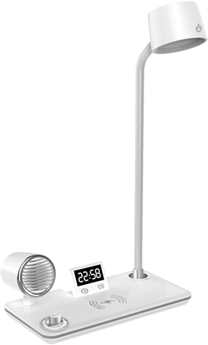 NAXSIR Multifunctionele LED Bureaulamp - 43 cm - Bluetooth Speaker - 15W Draadloze Oplader - Klok en Wekker