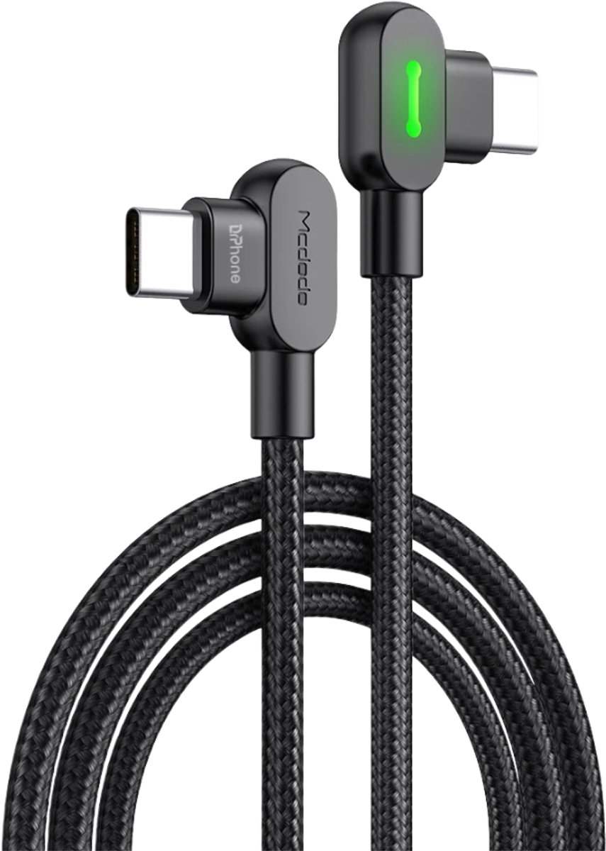 DrPhone AngleCharge USB-C naar USB-C Kabel 60W PD – Dubbel 90° Haaks – LED – Nylon – 2m – Zwart