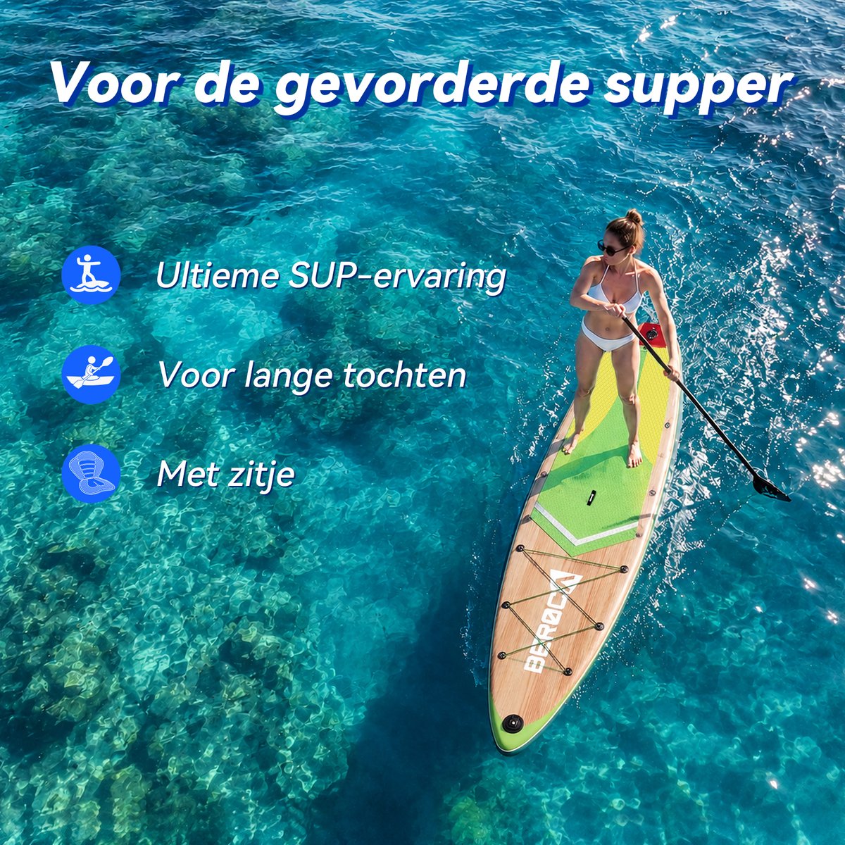 BEROCA SUP Board - met Zitje - Sup Board Opblaasbaar - Complete Set - 320x81cm - Max. 160 kg - Houtnerf Geel – foto 3