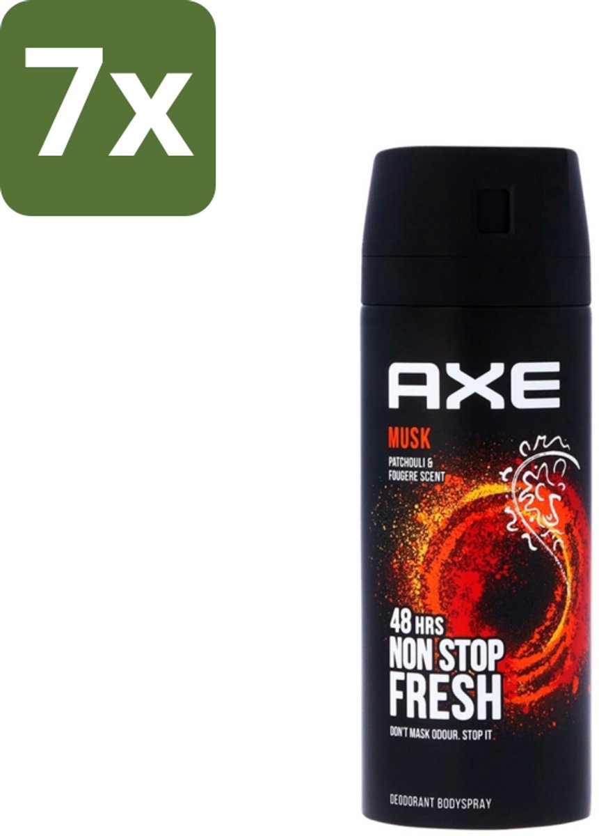 7 x Axe - Deodorant Bodyspray - 48hrs Non Stop Fresh - Musk - Patchouli & Fougere - 150 ml - Axe Musk Deodorant - Musk Deodorant - Deodorant Bodyspray - 48h Fresh - Musk Geur