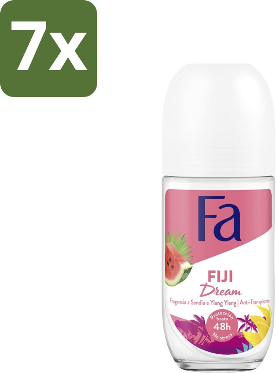 7 x Fa - Deodorant Roller - Fiji Dream - Watermeloen & Ylang Ylang - 48 uur Bescherming - 50 ml - Deodorant Roll-on - 48 Uur Bescherming - Watermeloen Geur - Ylang Ylang Geur - Huidvriendelijk