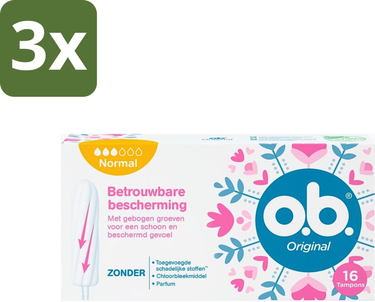 3 x o.b. Tampons - Original Normal - Voor Comfort en Betrouwbare Bescherming - 16 Tampons - Tampons - Menstruatiebescherming - Plantaardige Tampons - Betrouwbare Bescherming - Comfortabel