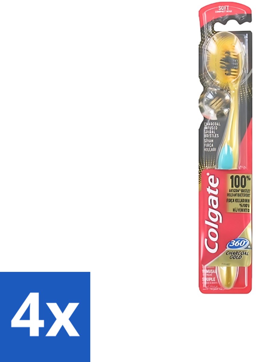 4 x Colgate - Tandenborstel - 360 Charcoal Gold Soft - Zwart/Goud - 1 Tandenborstel - Tandenborstel - Houtskool - Tanden Reinigen - Tanden Witter Maken - Tandenborstel Houtskool
