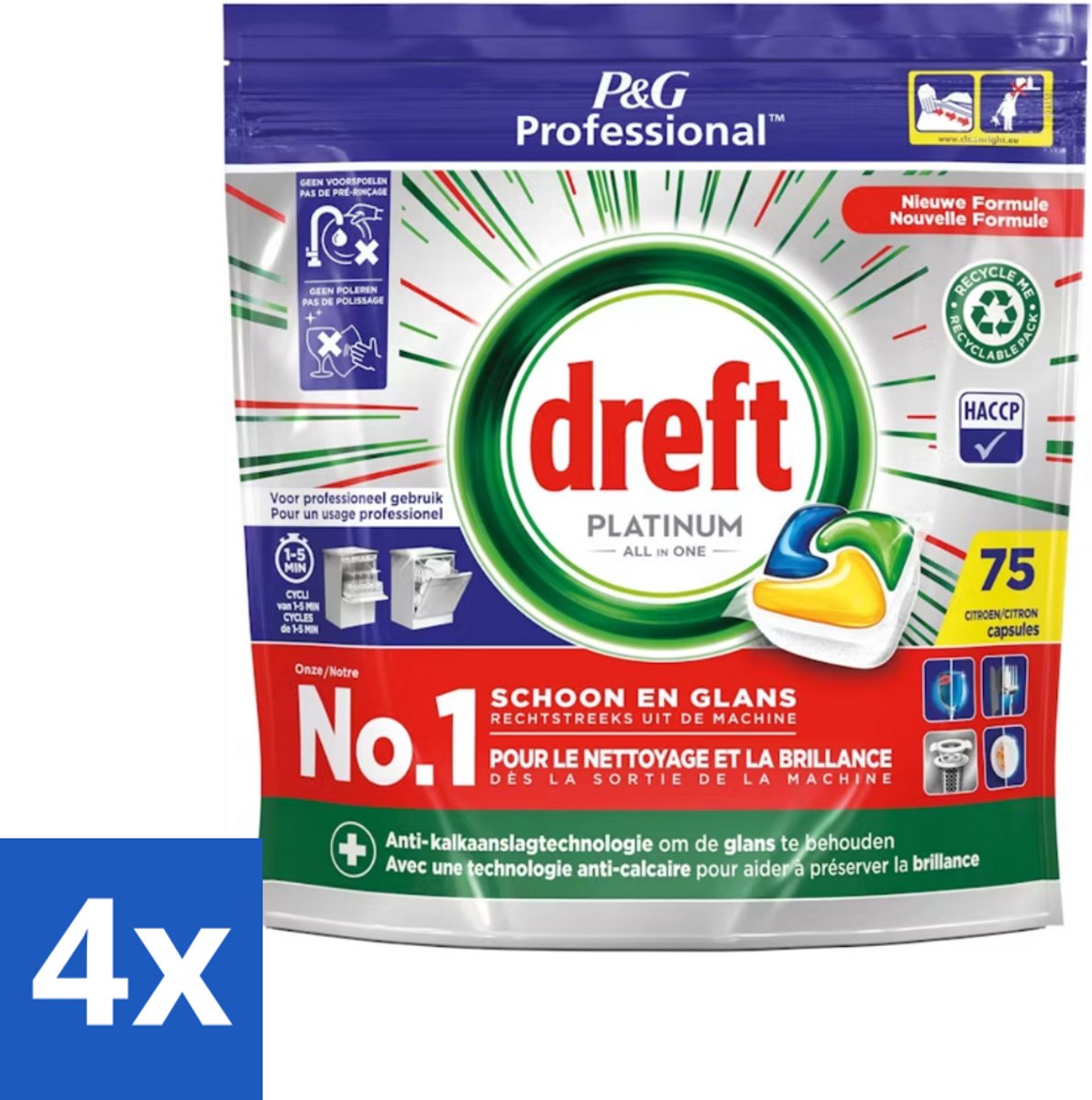 4 x Dreft Professional - Platinum All In One - Vaatwascapsules - Citroen - Antikalkaanslag - 75 Capsules - Vaatwassen - Vaatwasser - Vaatwasmiddel - Kalkaanslag - Reinigingsmiddel