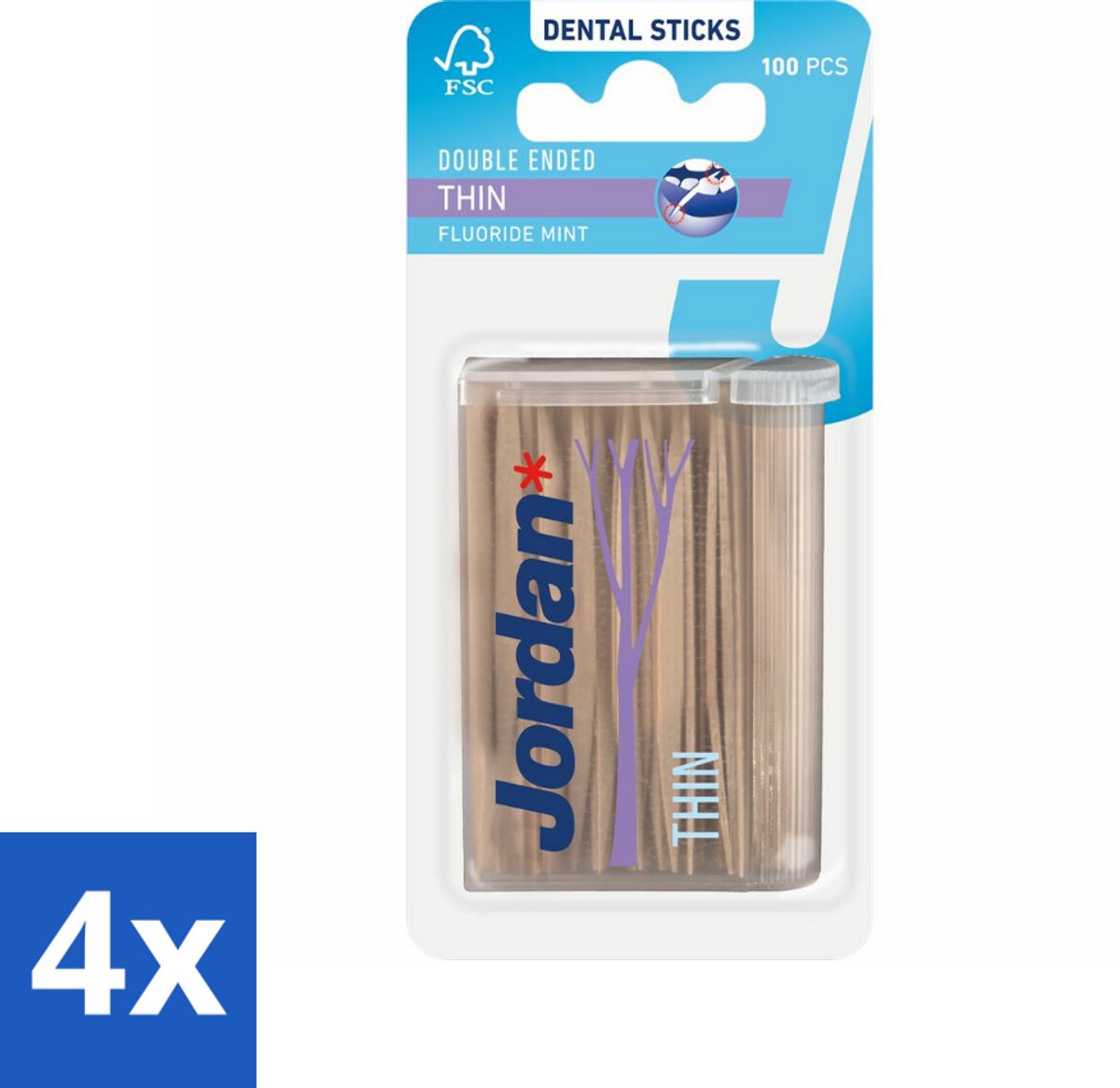 4 x Jordan Tandenstokers Double Ended Thin 100 stuks per verpakking - Tandenstokers - Dubbelzijdige Tandenstokers - Interdentale Reiniging - Tandplak Verwijderen - Fluoride