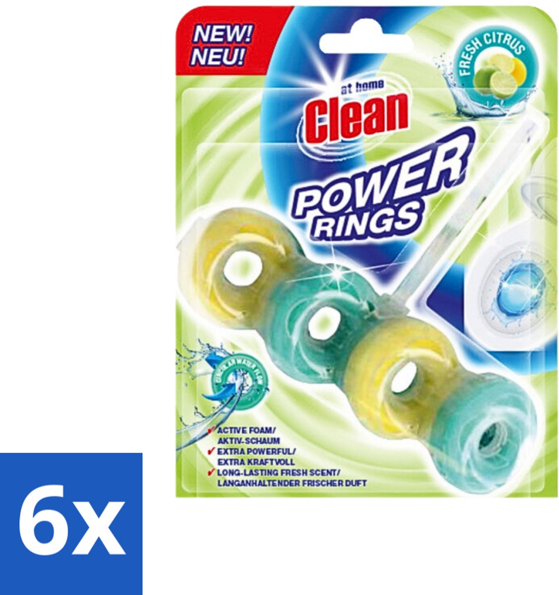 6 x At Home - Clean - Toiletblok - Power Rings - Fresh Citrus - Extra Sterk - 1 Blok - Toiletblok - Toilet Reinigen - Citrusgeur - Power Rings - Toilet Reinigingsblok