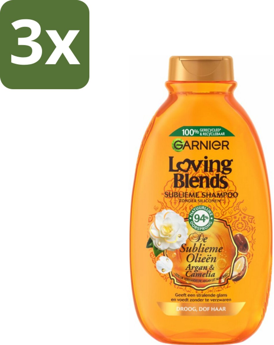 3 x Garnier Loving Blends Argan- en Cameliaolie Shampoo 300 ml - Droog Haar - Dof Haar - Haarvoeding - Haarherstel - Arganolie