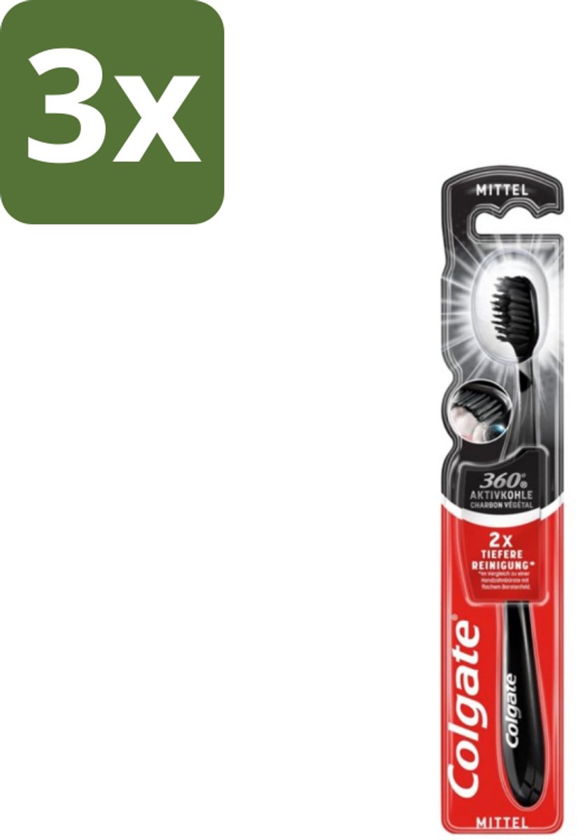 3 x Colgate - Tandenborstel - Charcoal Black 360 Medium - Zwart - 1 Tandenborstel - Tandenborstel - Houtskool - Tandenborstel Houtskool - Mondverzorging - Tandenborstel 360