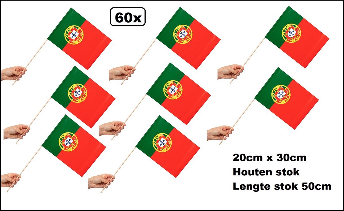 60 stuks Luxe Zwaaivlaggetjes op stok Portugal 20cm x 30cm - lengte stok 50cm - Zwaai vlaggetjes EK WK thema feest voetbal festival uitdeel Italiaans